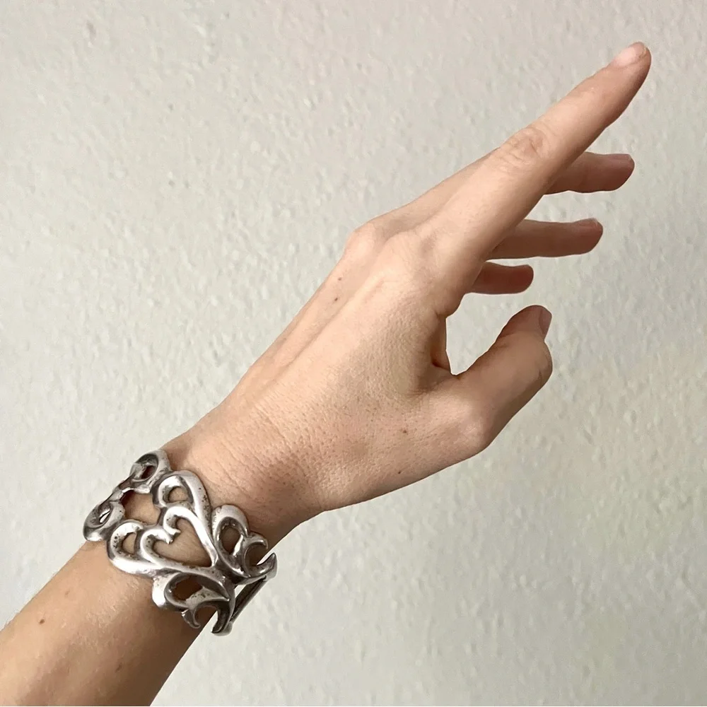 NATIVE Vintage Navajo Sandcast Southwestern Sterling Silver Wide Swirling Cuff